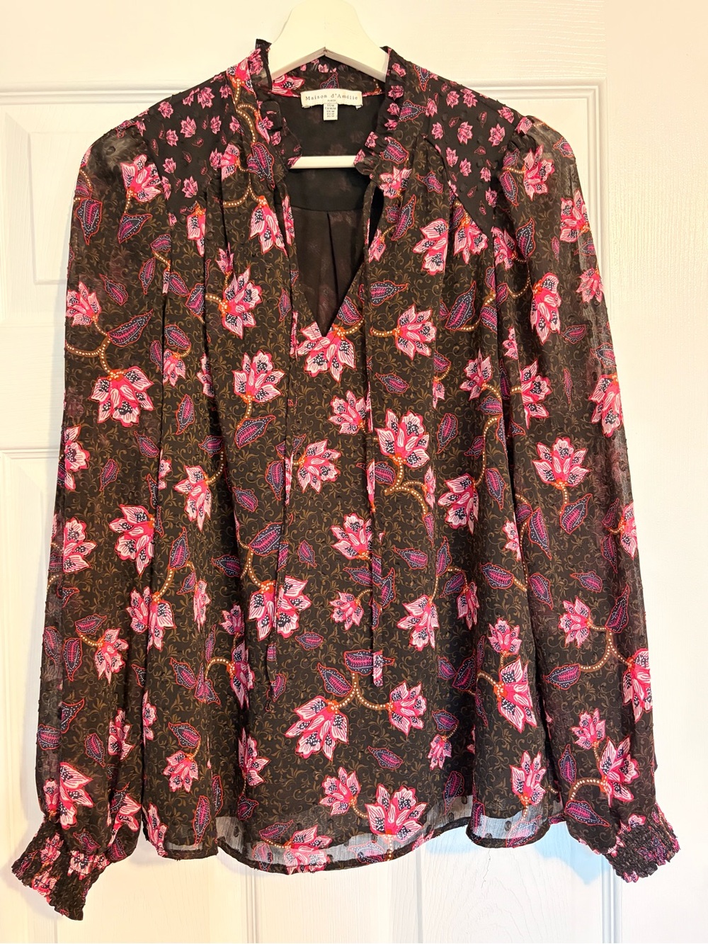 Sheer Floral V-Neck Blouse in Brown and Pink by Maison D’Amelie paisley boho